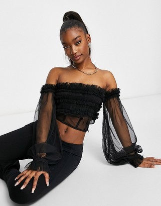 Lace & Beads exclusive off shoulder tulle top with corset waist in black