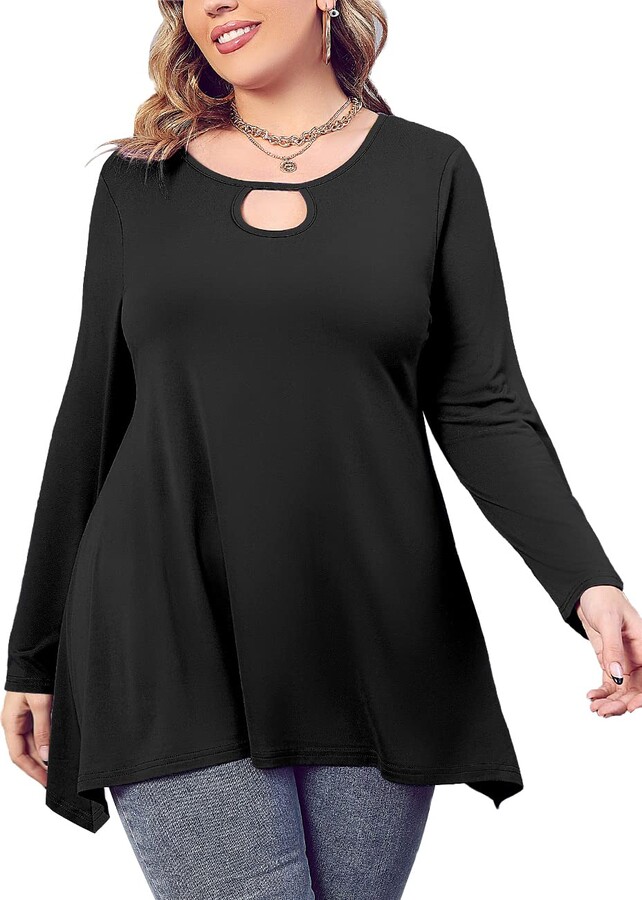 LAOJIA Womens Plus Size Tunic Tops Loose Fit Casual Round Neck Swing Flowy  Long Sleeve Blouse Black 3XL - ShopStyle