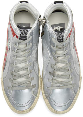 Golden Goose Silver and Red Glitter Slide High-Top Sneakers