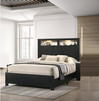 Latitude Run 1Pc Panel Bed Headboard With LED Sleek Sloping Design Extra Storage Space Black Finish Wooden Furniture