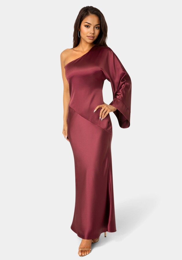 Bebe Women's One Shoulder Bell Sleeve Satin Maxi Dress