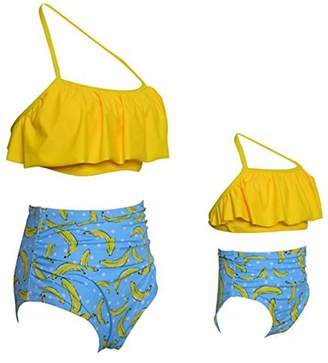 YMING Mother Daughter Matching Swimsuit Floral Print Bathing Suit Yellow/Black,6-8Years