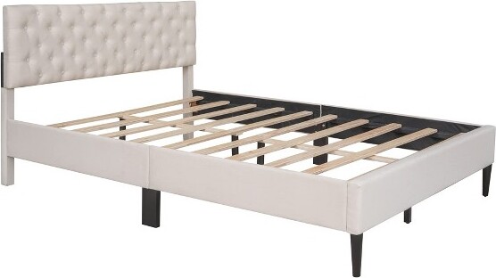 CuisinSmart TwinBedFrame,UpholsteredPlatformBedwithButtonTuftedHeadboard,FabricBedFramewithWoodenSlatsSupport,NoBoxSpringRequired,Beige