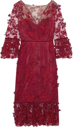 Marchesa Notte Velvet-trimmed Floral-appliqued Embroidered Tulle Midi Dress