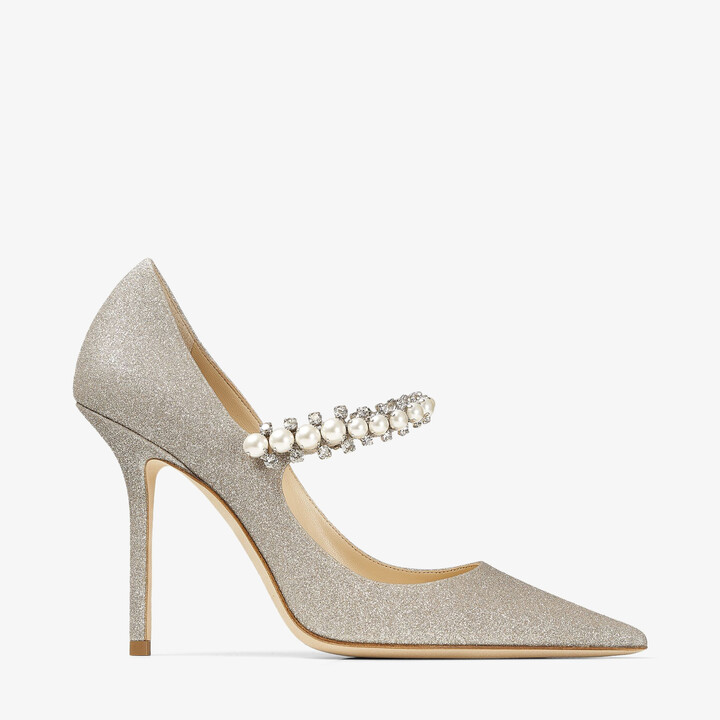 Jimmy Choo Platinum Ice Dusty Glitter Pumps With Crystal And Pearl