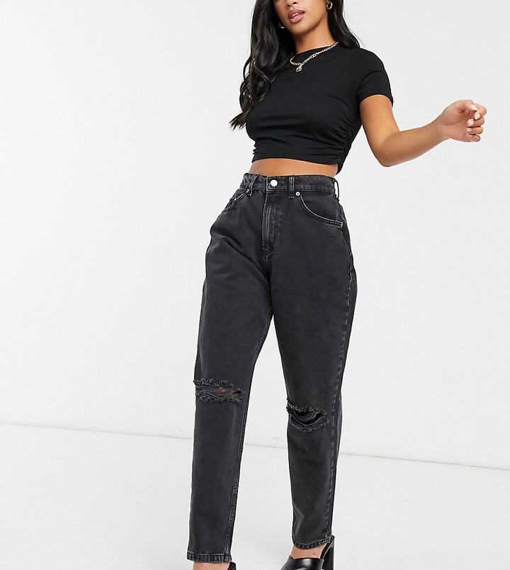 ASOS Petite ASOS DESIGN Petite high rise 'slouchy' mom jeans in washed  black with rips - ShopStyle