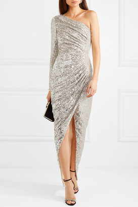 Rasario One-shoulder Ruched Sequined Tulle Gown - Silver