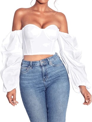 MEKIN Women Off Shoulder Top Puff Long Sleeve Tunic Crop Top for Girls  Solid Color Elegant Casual Daily Shirt Blouse Partywear (White - ShopStyle