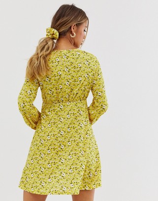 ASOS DESIGN textured mini tea dress with matching scrunchie in yellow floral ditsy print