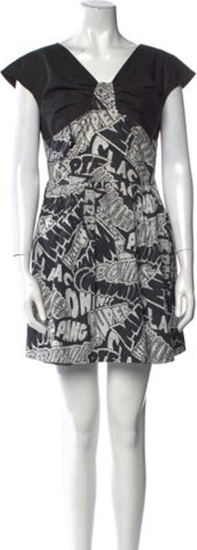 JC de CASTELBAJAC A-Line Dress Black Printed Short Sleeve with V-Neck Concealed Zip Closure at Back