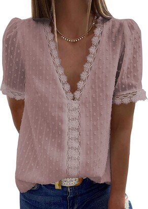 ROSKIKI Womens Elegant Chiffon Sheer Mesh Deep V-Neck Loose Fit Vest Shirts  Blouse Tops Pink Medium - ShopStyle