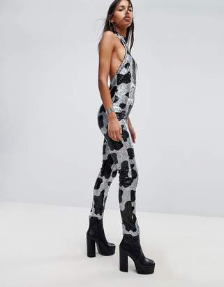 Jaded London High Neck Jumpsuit In Sequin Cow Print