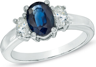 Zales Oval Blue Sapphire and 3/8 CT. T.w. Diamond Three Stone Ring in 14K White Gold