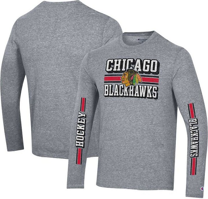Men's Champion Heather Gray Chicago Blackhawks Tri-Blend Dual-Stripe Long Sleeve T-Shirt