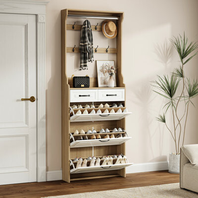 Winston Porter 3-door 2 Shoe Cabinet In New Oak Shade - Spacious Storage  White & Particle Board American Art Style For Living Area 3 Doors 2 Drawers Hue Ample