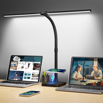 Inbox Zero LED Desk Lamp For Home Office 24W Double Head Desk Light With Wireless Charging USB Port 25 Lighting Modes Adjustable Gooseneck Lamps
