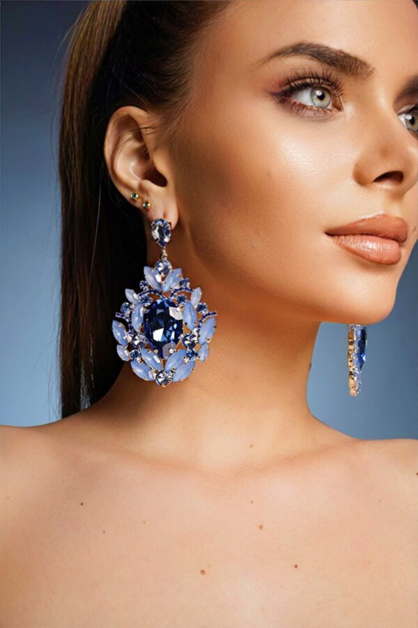 Etsy Blue Pageant Earrings Oversized Chandelier Earrings. Rhinestone Black Wedding Earrings