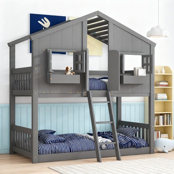 LuxystarTwinoverTwinHouseBunkBedwithRoofWindowWindowBoxDoorSafetyGuardrailsandLadderforKidsa€?RoomGray