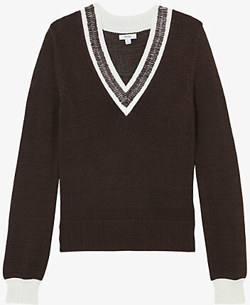 Reiss Womens Chocolate Brown Courtney Beaded-Neck Knitted Jumper S