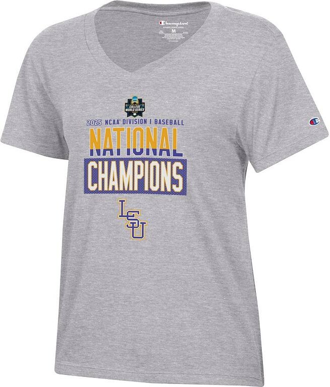 Women's Champion Gray LSU Tigers 2025 NCAA Baseball Men's College World Series Champions V-Neck T-Shirt