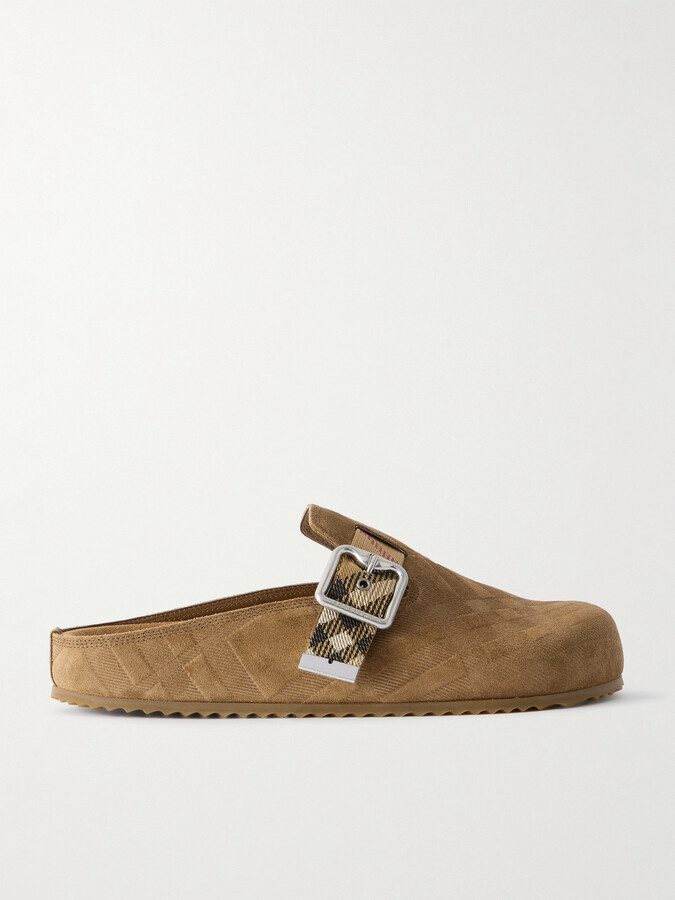 Burberry Urchin Canvas-jacquard Trimmed Textured-suede Clogs - Neutrals