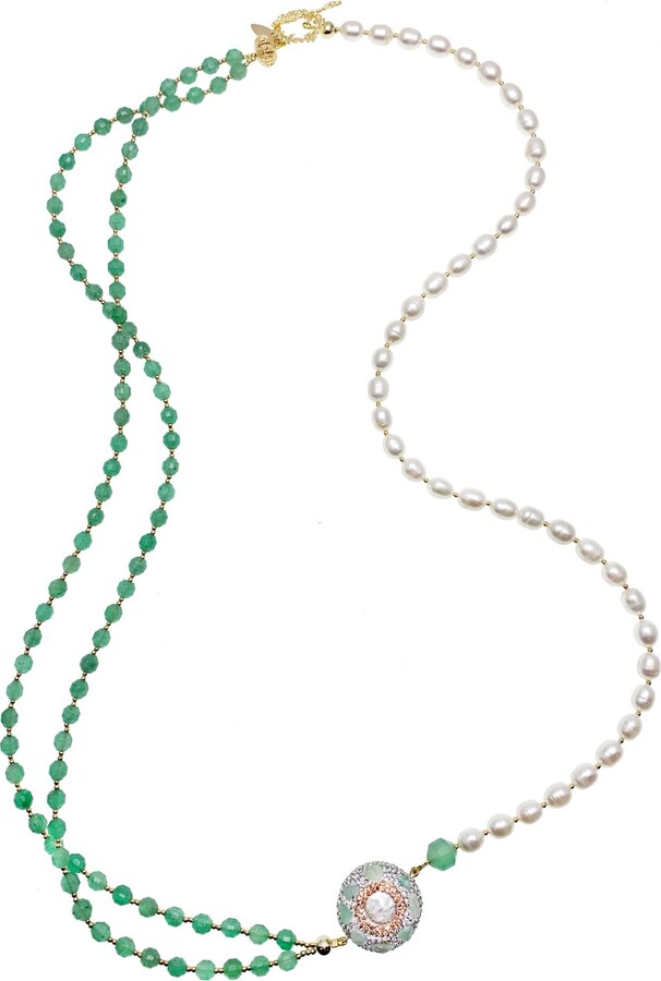 Farra White / Green Green Aventurine And Pearls With Rhinestone Long Necklace