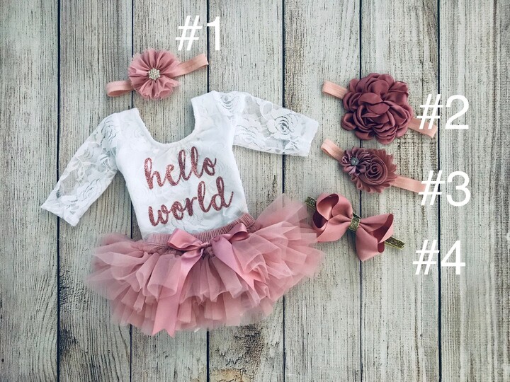 Baby Girl Coming Home Outfit - Newborn Outfit Hello World in Rose Gold Lace Bodysuit Vintage Pink Photos Preemie