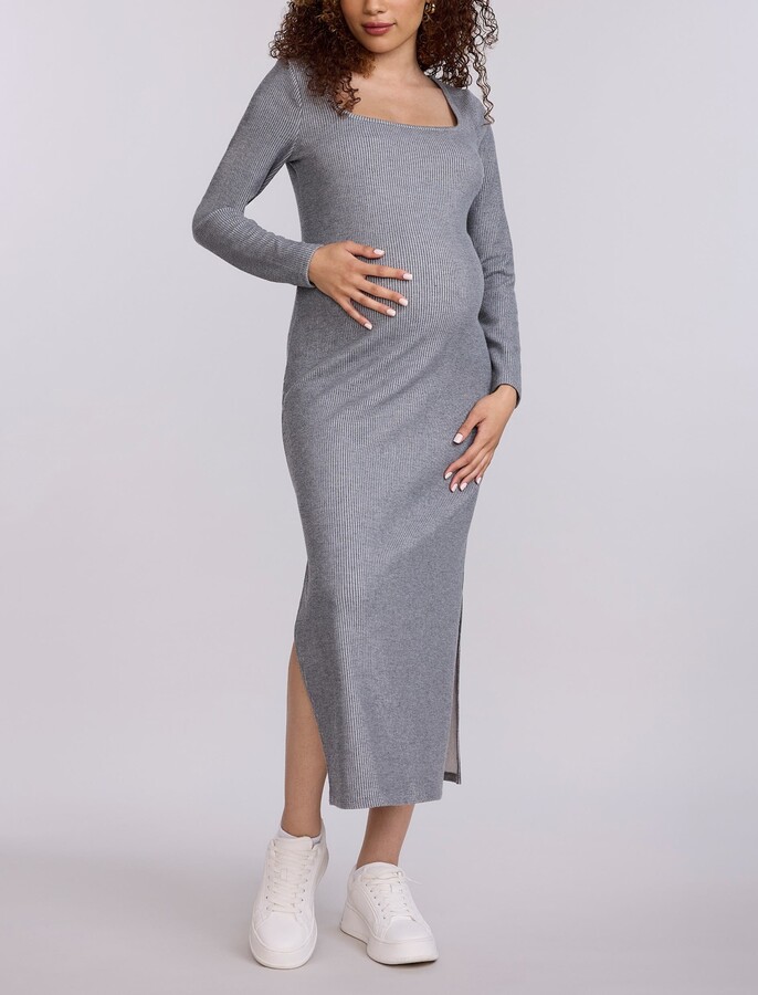 Motherhood Maternity Square Neck Rib Knit Long Sleeve Bodycon Maxi Dress