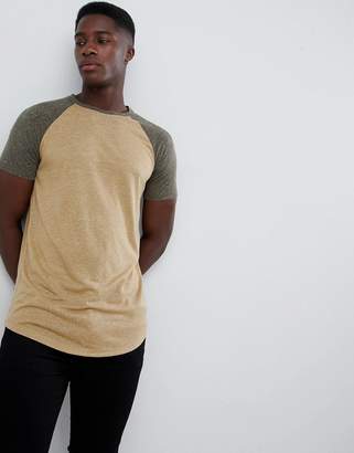 BEIGE Asos Design ASOS DESIGN longline t-shirt with curved hem and contrast raglan sleeves in linen mix in