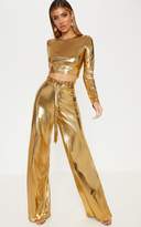 Thumbnail for your product : PrettyLittleThing Gold Metallic Tie Waist Wide Leg Trouser