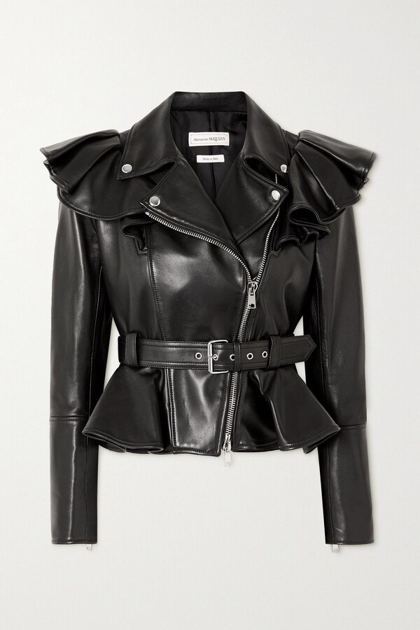 Alexander McQueen Belted Ruffled Leather Biker Jacket - Black 