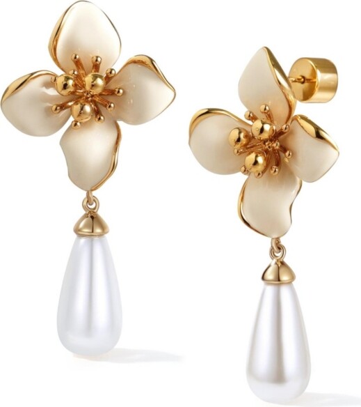 Retro Chic Iris Blossom Pearl Earrings - Gold white