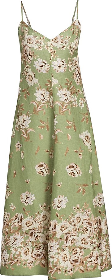 Cara Cara Women's Mae Floral Linen Fit & Flare Midi-Dress - Farfella Sage - Size 0