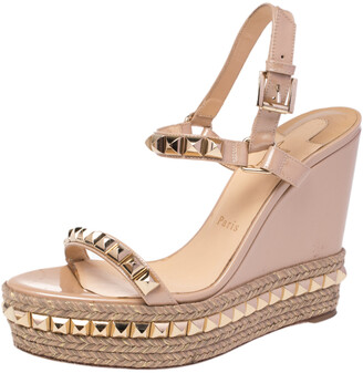 Christian Louboutin Beige Patent Leather Studded Cataclou Espadrille Wedge  Sandals Size 40 - ShopStyle