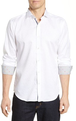 Bugatchi Mens Jacquard Cotton Shaped Fit Spread Collar Sport Shirt 