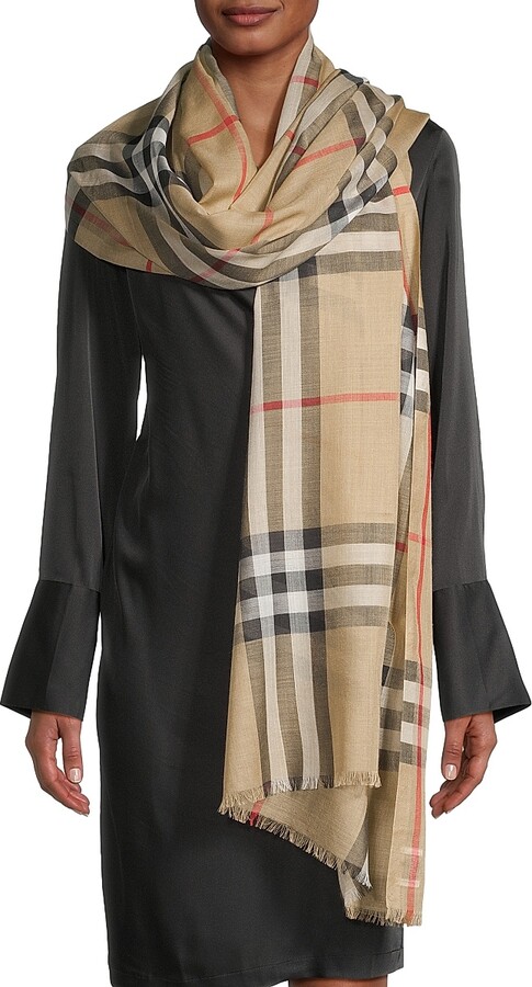 Women's Check Wool-Silk Scarf - Archive Beige