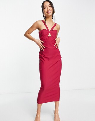 Vesper strappy keyhole midi body-conscious dress in raspberry