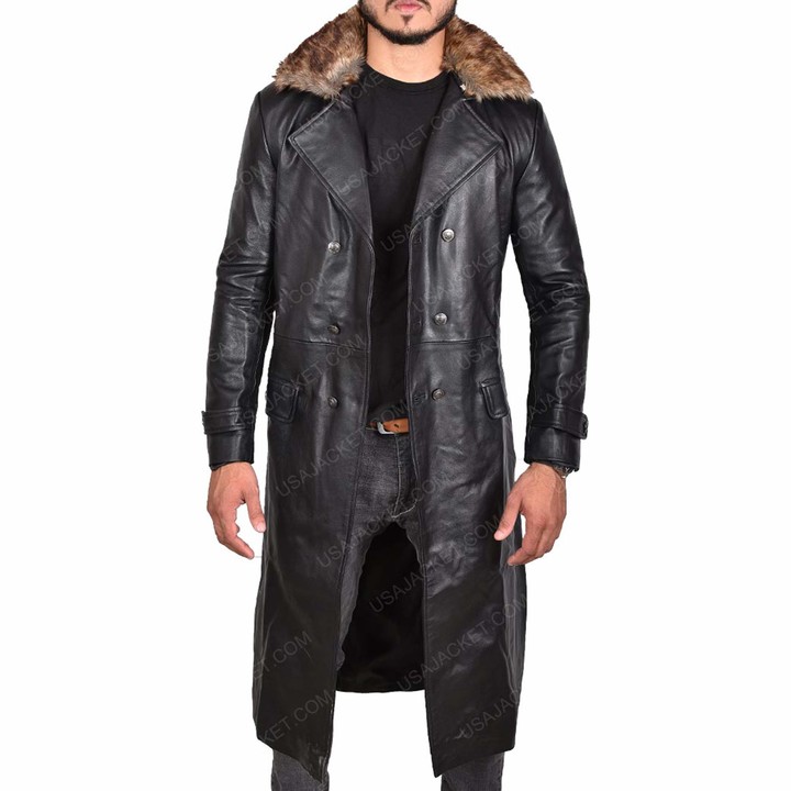 USA JACKET Men's Long Leather Coat Removable Faux Fur Shearling Collar ...