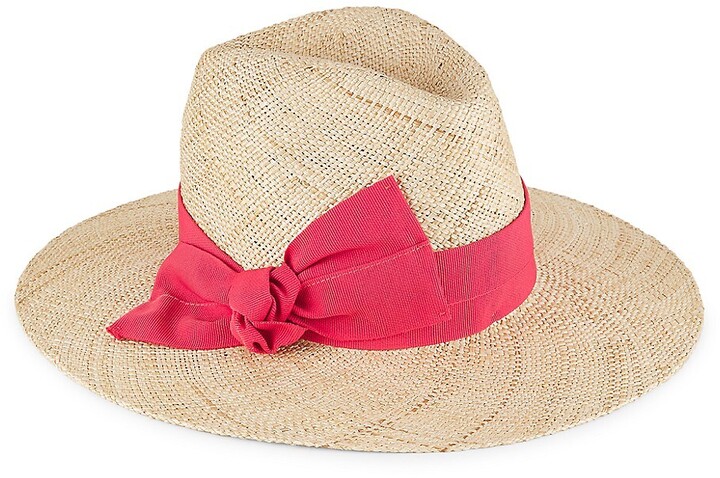 Women's Navy and White Stripe Wide Brim Straw Hat with Ribbon Bow Detail 