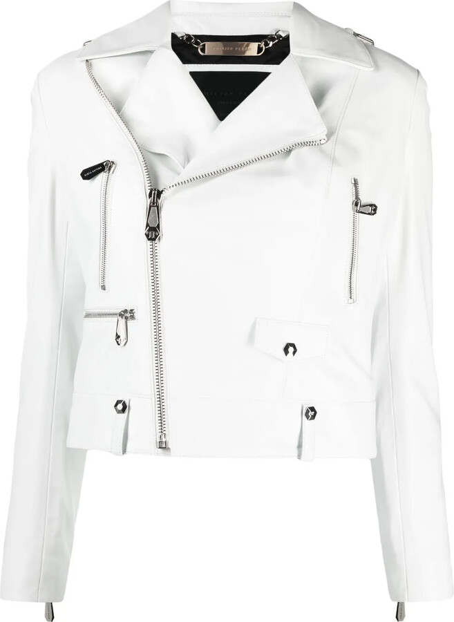white cropped moto jacket