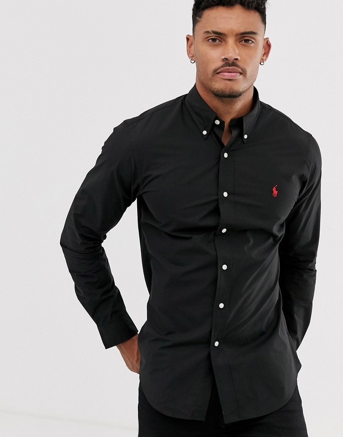 Polo Ralph Lauren player logo slim fit poplin shirt button-down in black -  ShopStyle
