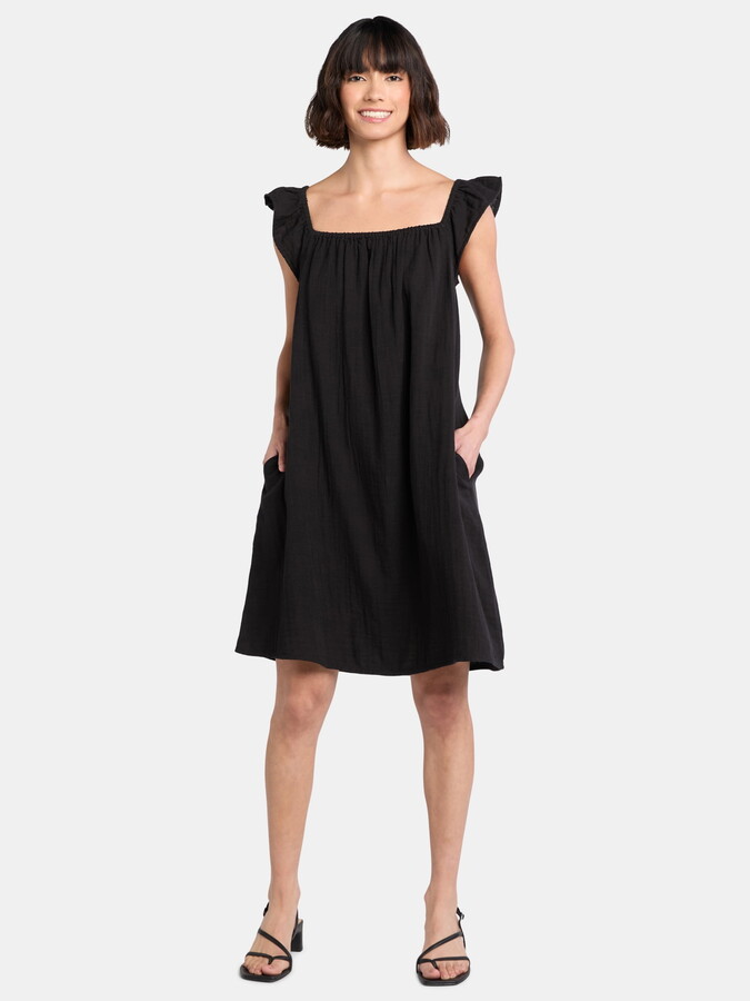 Time and Tru Women’s Double Cloth Cotton Mini Dress with Flutter Sleeves, Sizes XS-XXXL