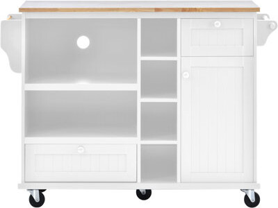 Kitchen Island Cart With Storage Cabinet, Locking Wheels, Solid Wood Top, Microwave Shelf & Buffet Sideboard, White