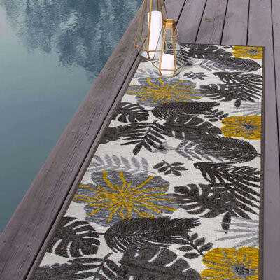 Elma Floral Nylon Black/Yellow/Gray, Indoor/Outdoor Area Rug