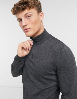 Burton Menswear organic cotton blend knitted half zip jumper in charcoal