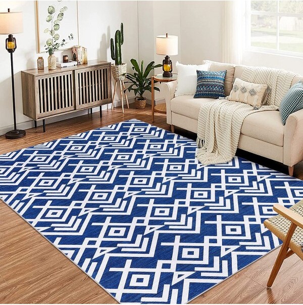 Nasitip 5x7BlueModernGeometricRugMachineWashableLowPileNon-SlipSoftCarpetforLivingRoomBedroom