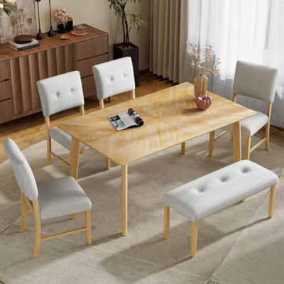 Ophelia & Co. 6 Piece Dining Room Table Set, Rustic Farmhouse Dining Room Rectangular Table With 4 Upholstered Chairs And Bench, Solid Wood Kitchen Dining Table Set