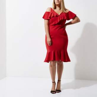 River Island Womens Plus red frill cold shoulder bodycon dress