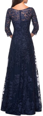 La Femme V-Neck 3/4-Sleeve Lace Gown with Mesh Illusion