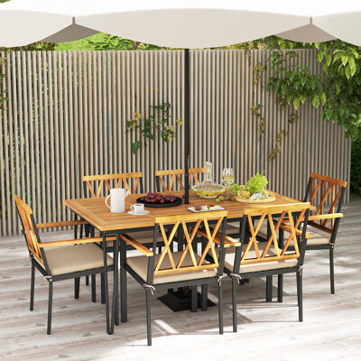 17 Stories 7 PCS Patio Dining Set w/ 2'' Umbrella Hole and Seat Cushions for Garden